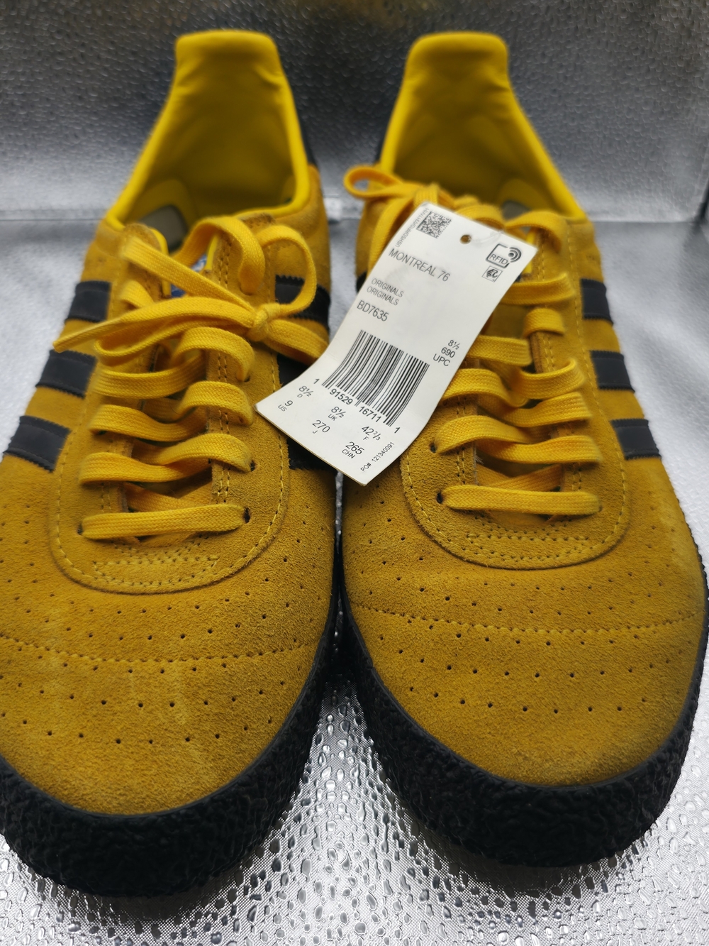 adidas Montreal '76 Suede Sneakers in Gold Yellow with Black Stripes